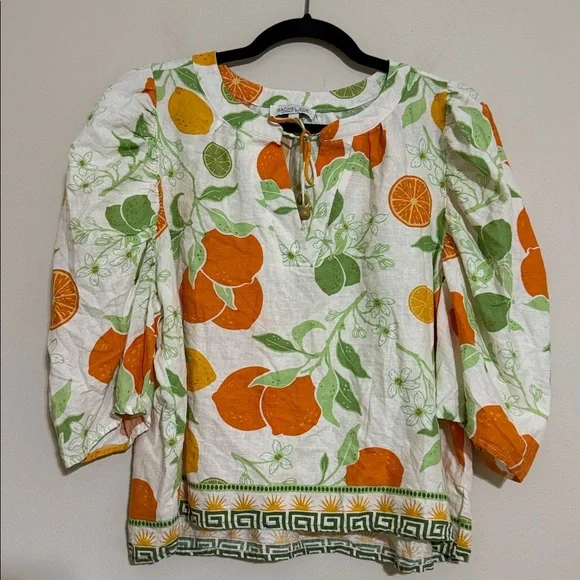 Rachel Zoe Orange Green Citrus Print Blouse top women XL linen casual vacation - Picture 7 of 7